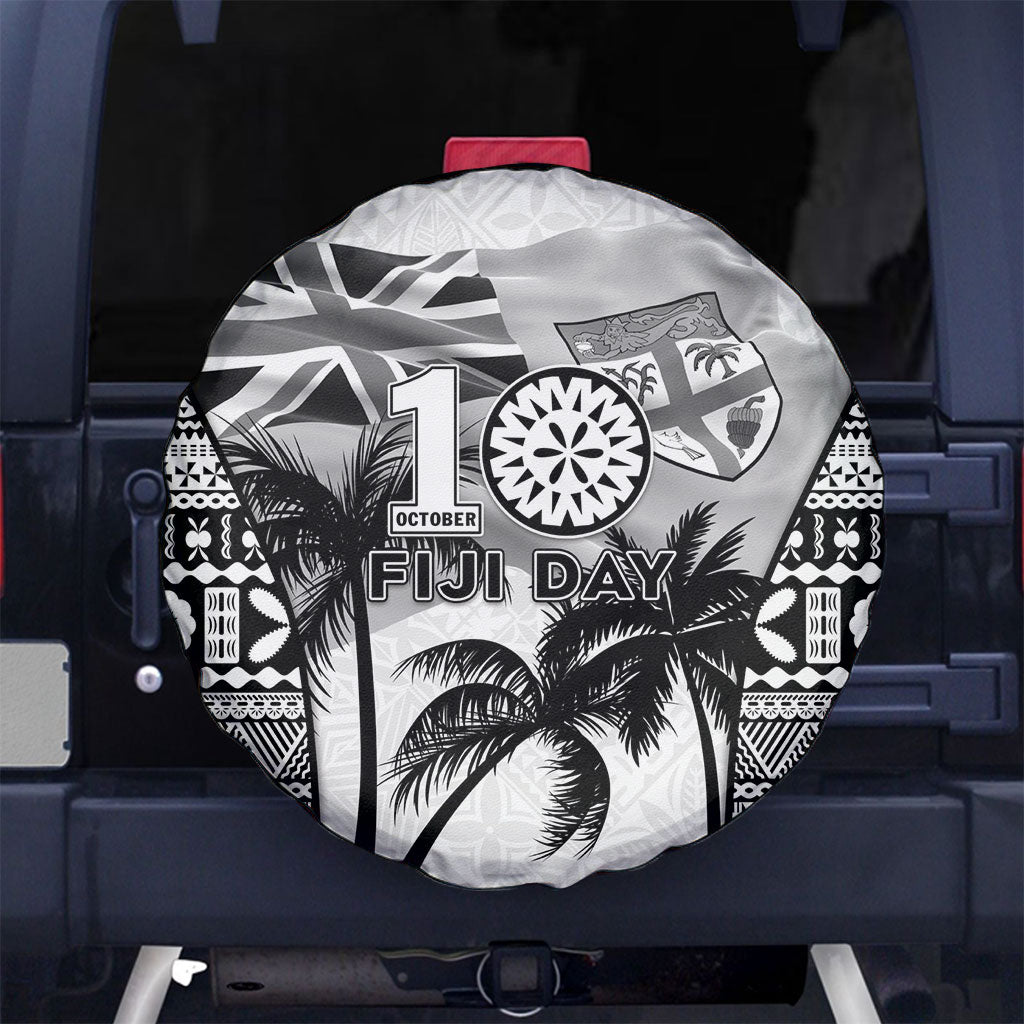 Fiji Day 2026 Spare Tire Cover Masi Tapa Pattern With Palm Tree White Version LT05 No hole White - Polynesian Pride