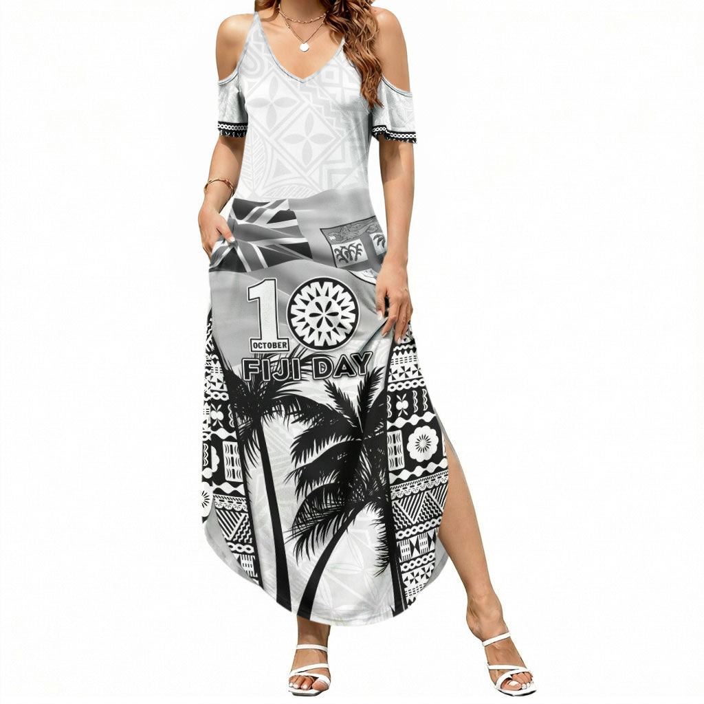 Personalised Fiji Day 2026 Summer Maxi Dress Masi Tapa Pattern With Palm Tree White Version LT05 Women White - Polynesian Pride