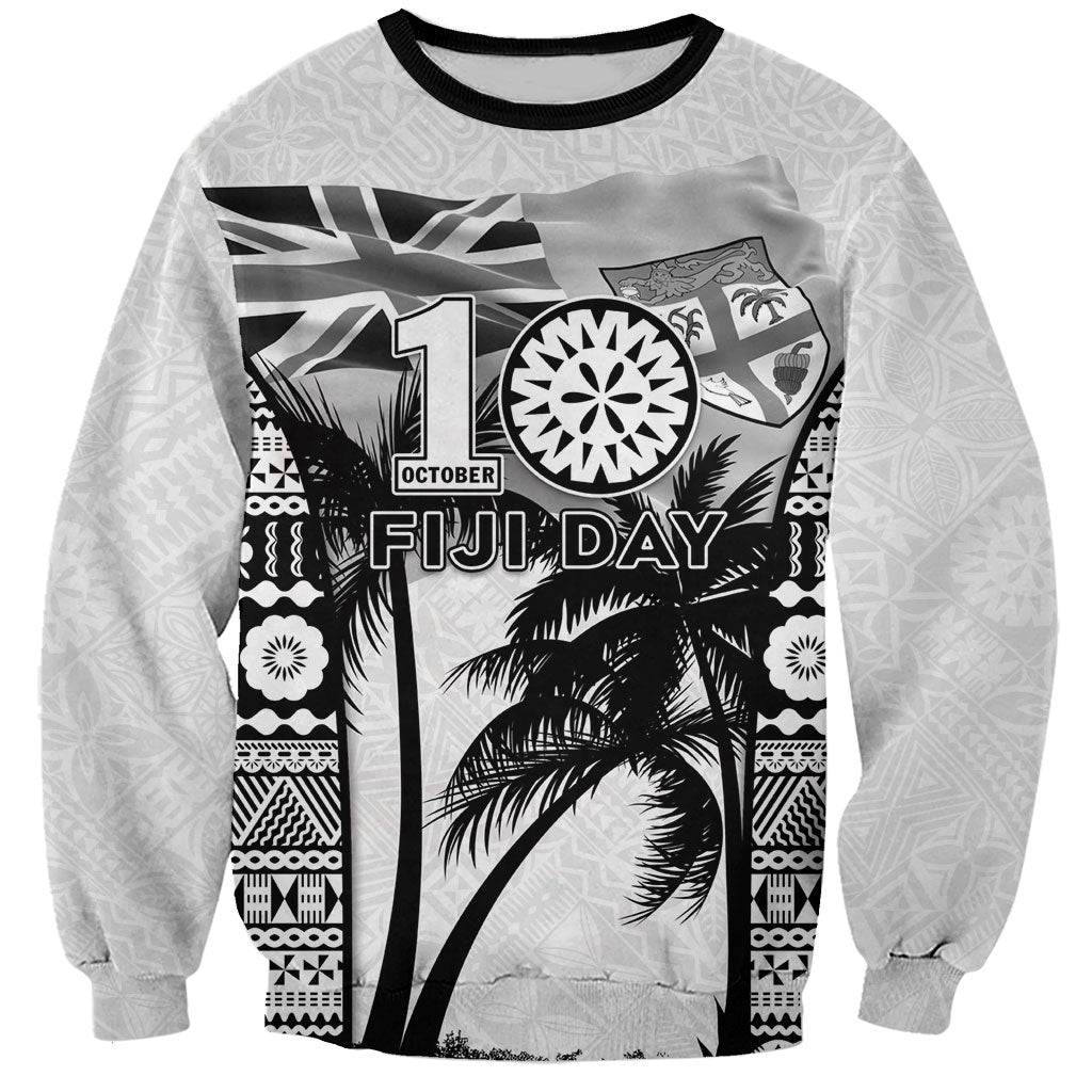 Personalised Fiji Day 2026 Sweatshirt Masi Tapa Pattern With Palm Tree White Version LT05 Unisex White - Polynesian Pride