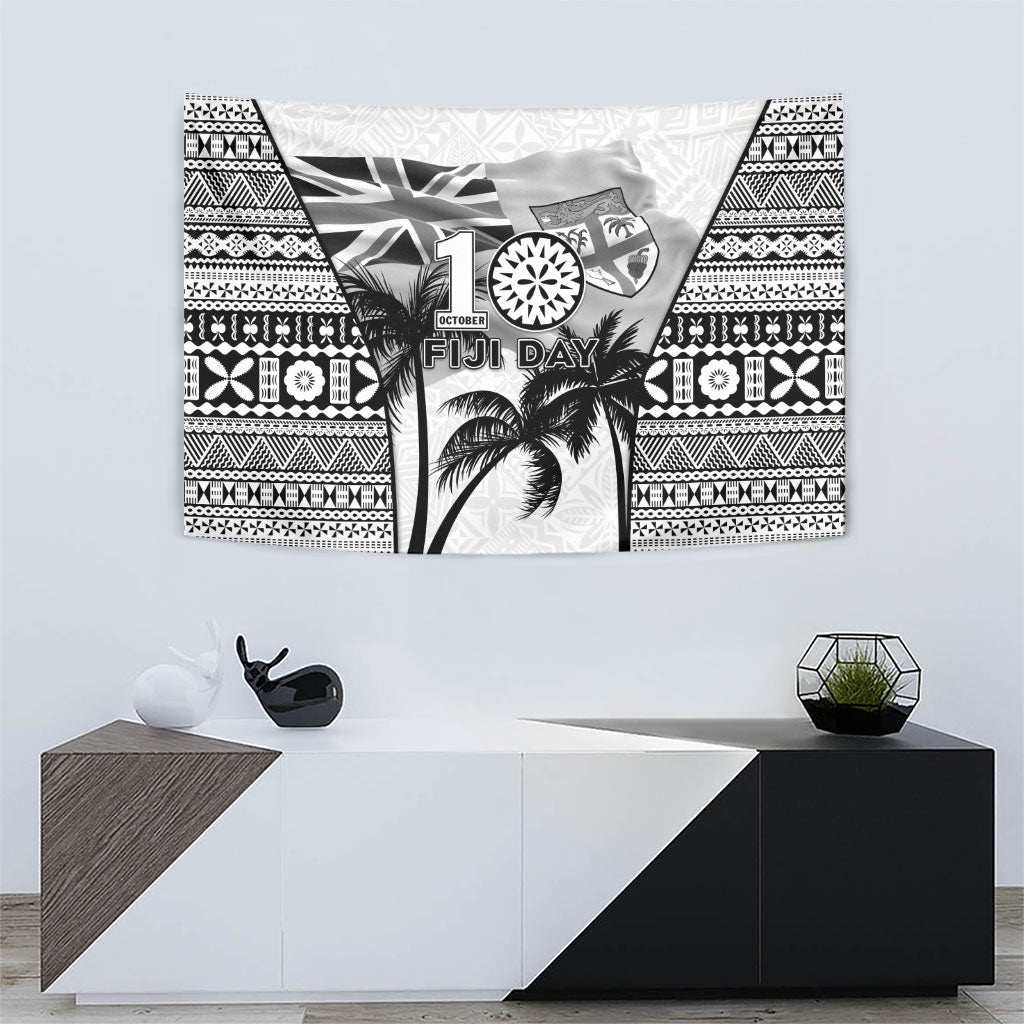 Fiji Day 2026 Tapestry Masi Tapa Pattern With Palm Tree White Version LT05 - Polynesian Pride