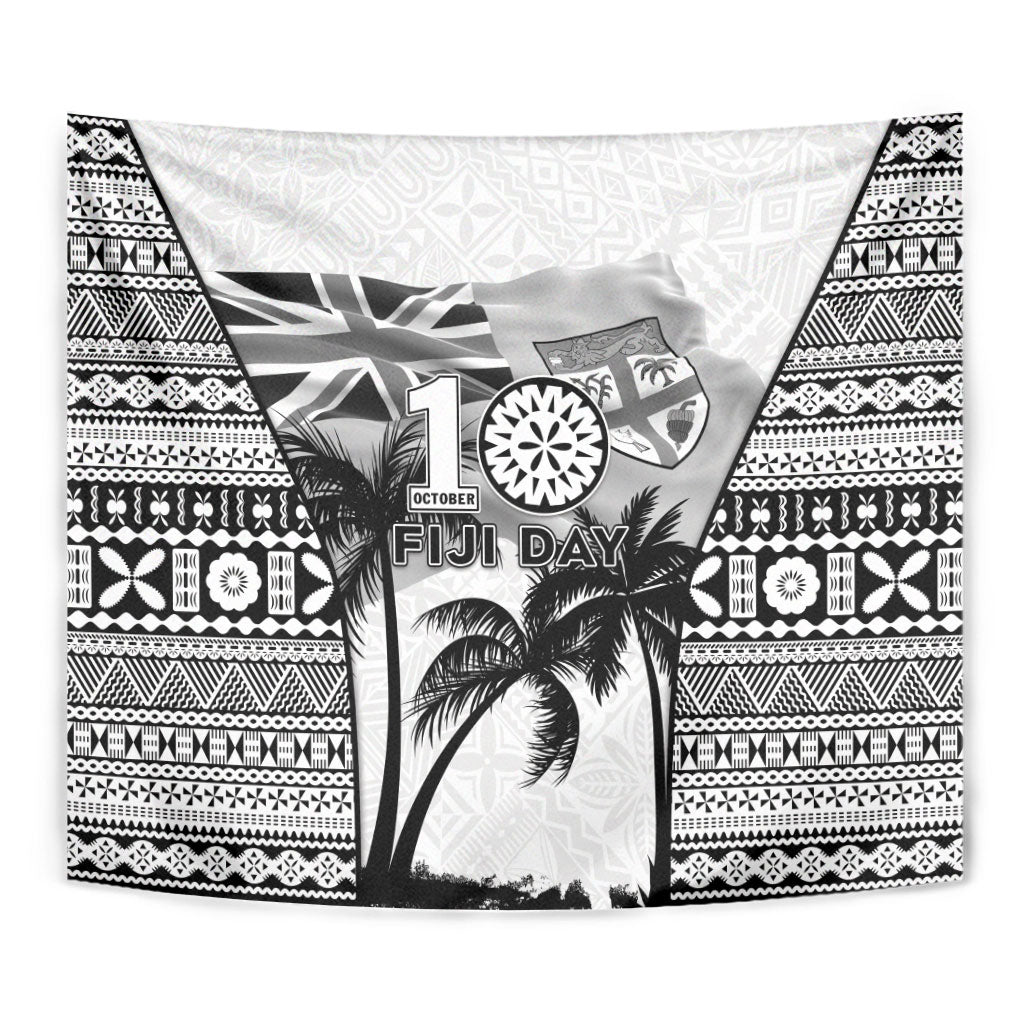Fiji Day 2026 Tapestry Masi Tapa Pattern With Palm Tree White Version LT05 - Polynesian Pride