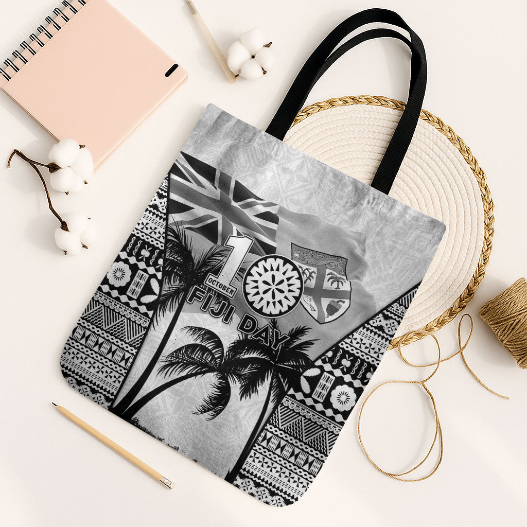Fiji Day 2026 Tote Bag Masi Tapa Pattern With Palm Tree White Version LT05 Black Strap One Size White - Polynesian Pride