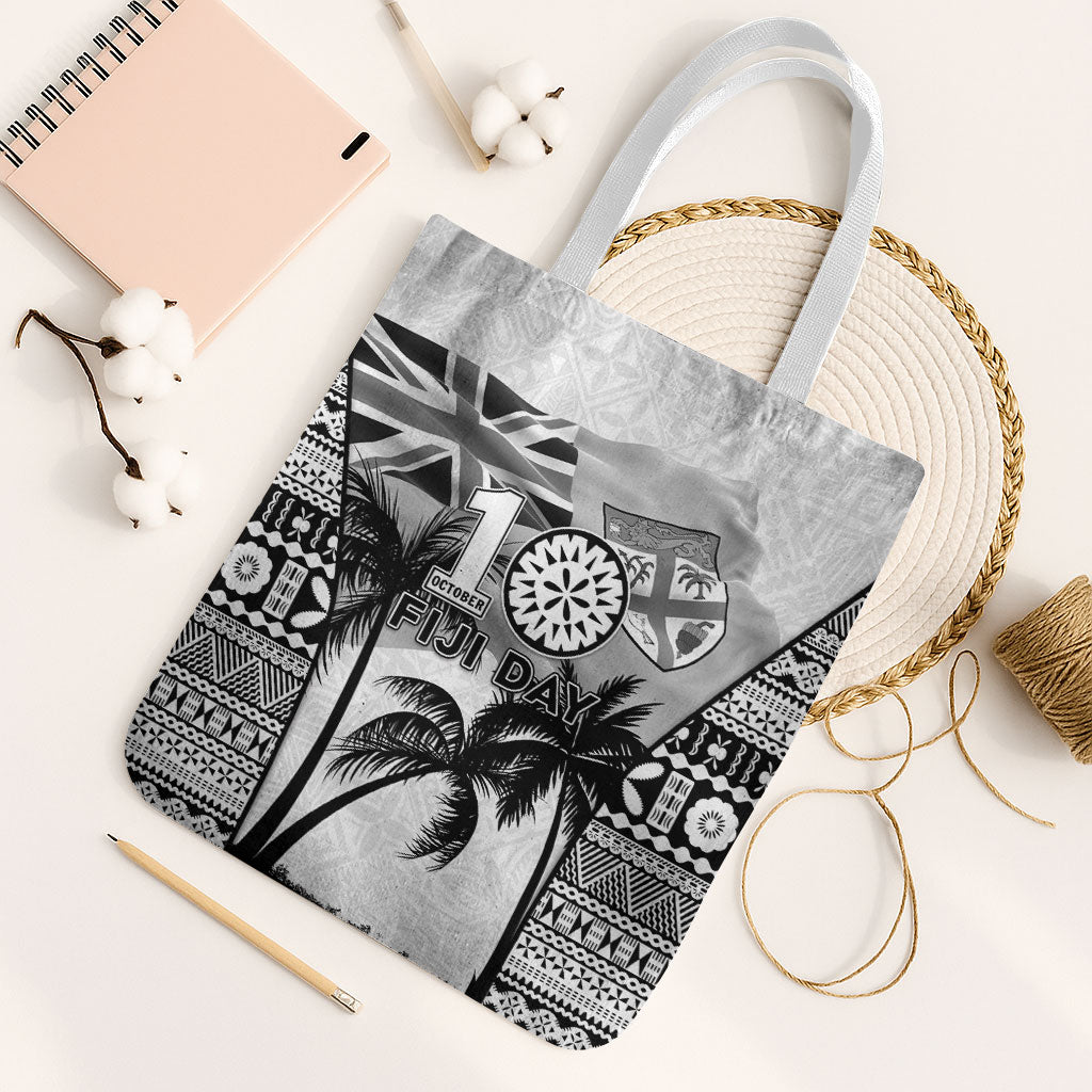 Fiji Day 2026 Tote Bag Masi Tapa Pattern With Palm Tree White Version LT05 White Strap One Size White - Polynesian Pride
