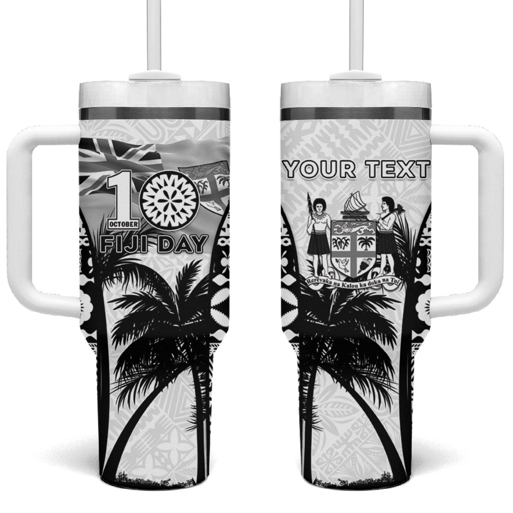 Personalised Fiji Day 2026 Tumbler With Handle Masi Tapa Pattern With Palm Tree White Version