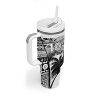 Personalised Fiji Day 2026 Tumbler With Handle Masi Tapa Pattern With Palm Tree White Version LT05 - Polynesian Pride