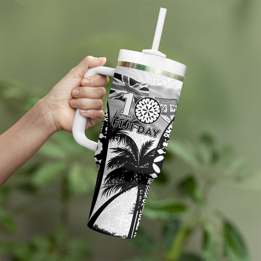 Personalised Fiji Day 2026 Tumbler With Handle Masi Tapa Pattern With Palm Tree White Version LT05 - Polynesian Pride