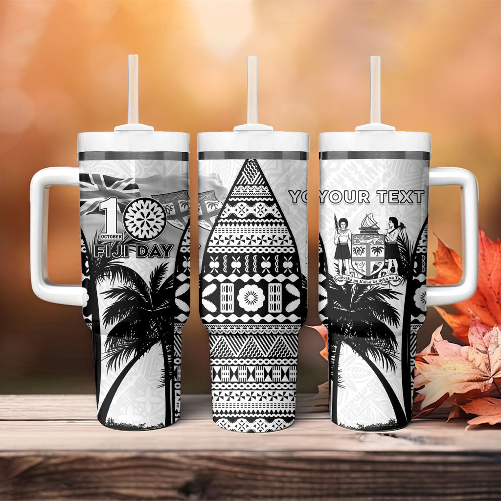 Personalised Fiji Day 2026 Tumbler With Handle Masi Tapa Pattern With Palm Tree White Version LT05 - Polynesian Pride