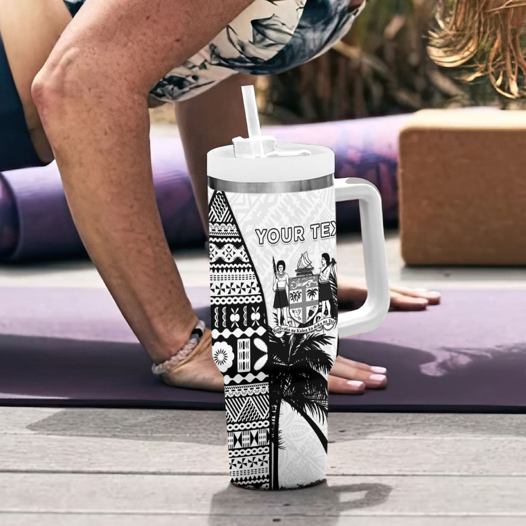 Personalised Fiji Day 2026 Tumbler With Handle Masi Tapa Pattern With Palm Tree White Version LT05 - Polynesian Pride
