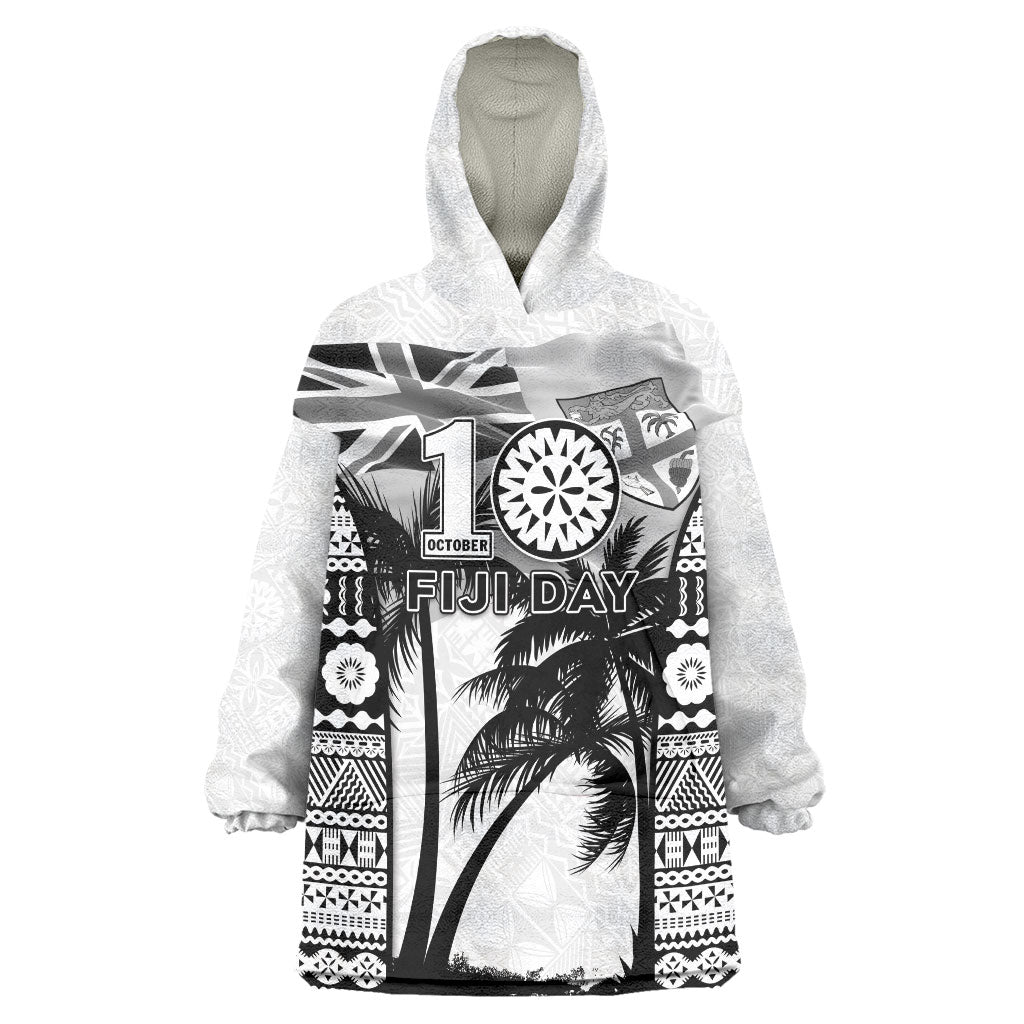Personalised Fiji Day 2026 Wearable Blanket Hoodie Masi Tapa Pattern With Palm Tree White Version LT05 One Size White - Polynesian Pride