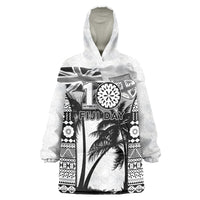 Personalised Fiji Day 2026 Wearable Blanket Hoodie Masi Tapa Pattern With Palm Tree White Version LT05 One Size White - Polynesian Pride
