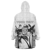 Personalised Fiji Day 2026 Wearable Blanket Hoodie Masi Tapa Pattern With Palm Tree White Version LT05 - Polynesian Pride