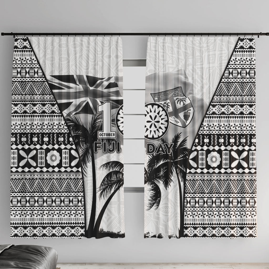 Fiji Day 2026 Window Curtain Masi Tapa Pattern With Palm Tree White Version LT05 With Hooks White - Polynesian Pride