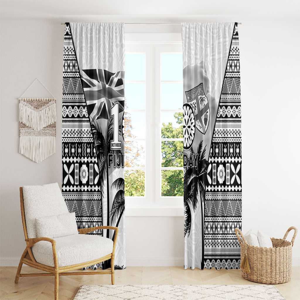 Fiji Day 2026 Window Curtain Masi Tapa Pattern With Palm Tree White Version LT05 - Polynesian Pride