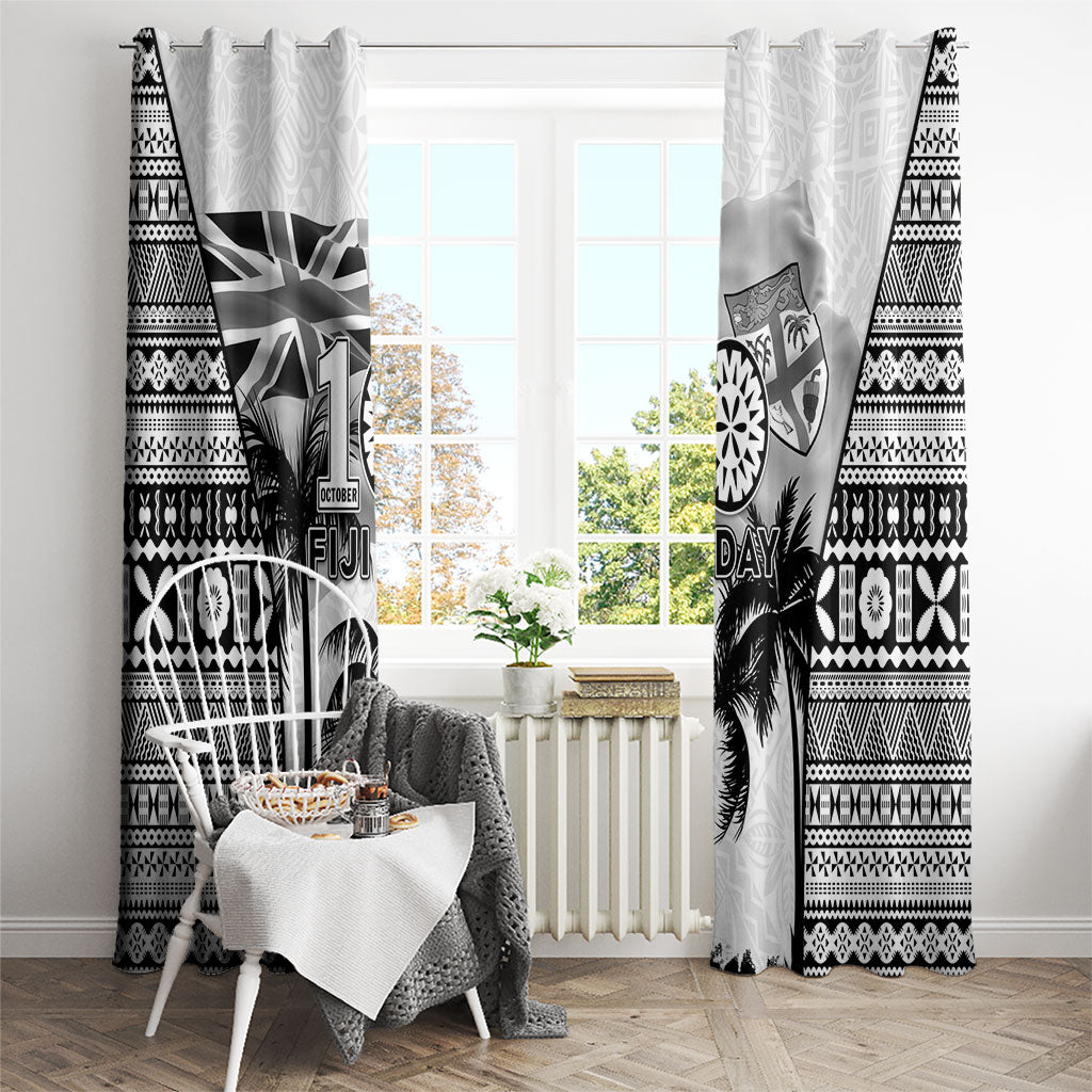 Fiji Day 2026 Window Curtain Masi Tapa Pattern With Palm Tree White Version LT05 - Polynesian Pride