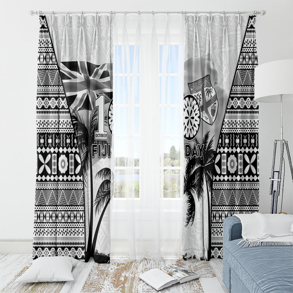 Fiji Day 2026 Window Curtain Masi Tapa Pattern With Palm Tree White Version LT05 - Polynesian Pride