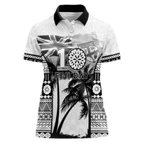 Personalised Fiji Day 2026 Women Polo Shirt Masi Tapa Pattern With Palm Tree White Version LT05 Female White - Polynesian Pride