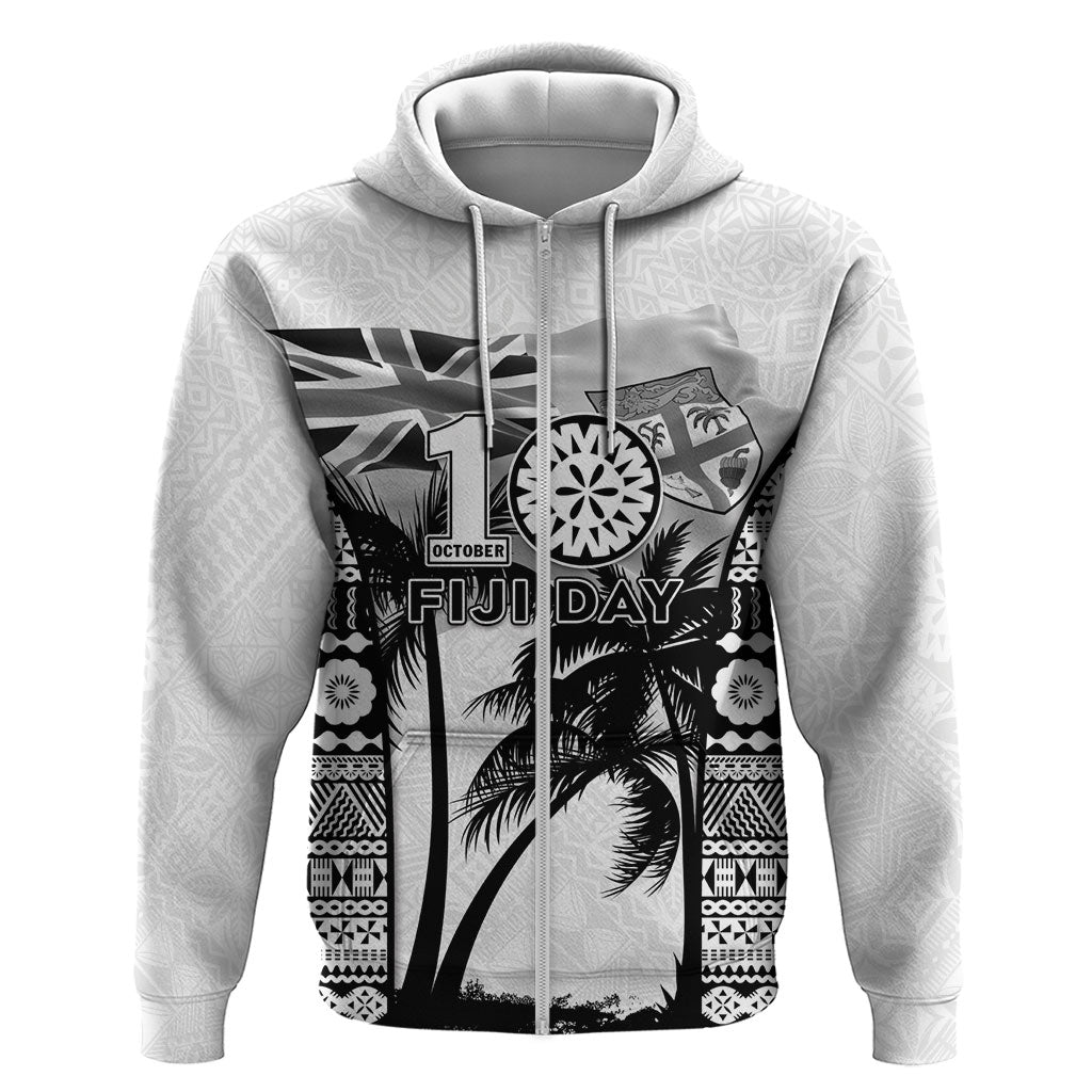 Personalised Fiji Day 2026 Zip Hoodie Masi Tapa Pattern With Palm Tree White Version LT05 Zip Hoodie White - Polynesian Pride