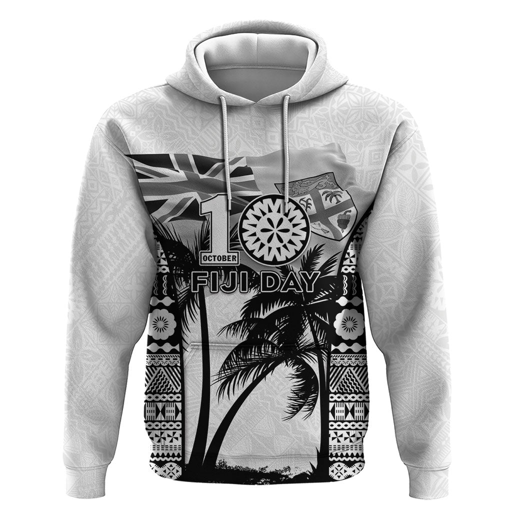 Personalised Fiji Day 2026 Zip Hoodie Masi Tapa Pattern With Palm Tree White Version LT05 Pullover Hoodie White - Polynesian Pride