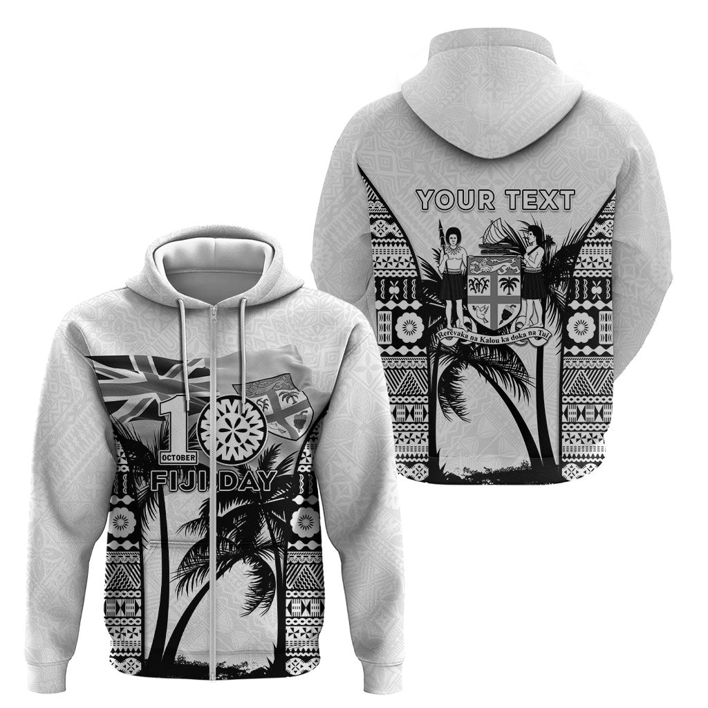 Personalised Fiji Day 2026 Zip Hoodie Masi Tapa Pattern With Palm Tree White Version LT05 - Polynesian Pride