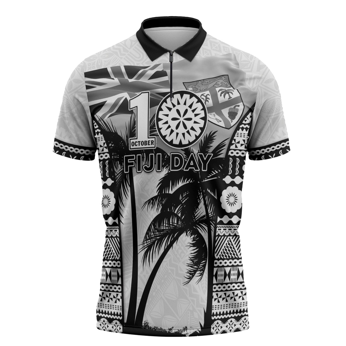 Personalised Fiji Day 2026 Zipper Polo Shirt Masi Tapa Pattern With Palm Tree White Version LT05 White - Polynesian Pride
