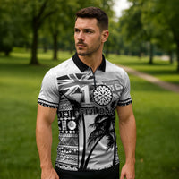 Personalised Fiji Day 2026 Zipper Polo Shirt Masi Tapa Pattern With Palm Tree White Version LT05 - Polynesian Pride