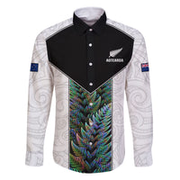 Custom New Zealand Fern Rugby Family Matching Mermaid Dress and Hawaiian Shirt World Cup 2023 Paua Shell Maori Pattern LT05 Dad's Shirt - Long Sleeve White - Polynesian Pride
