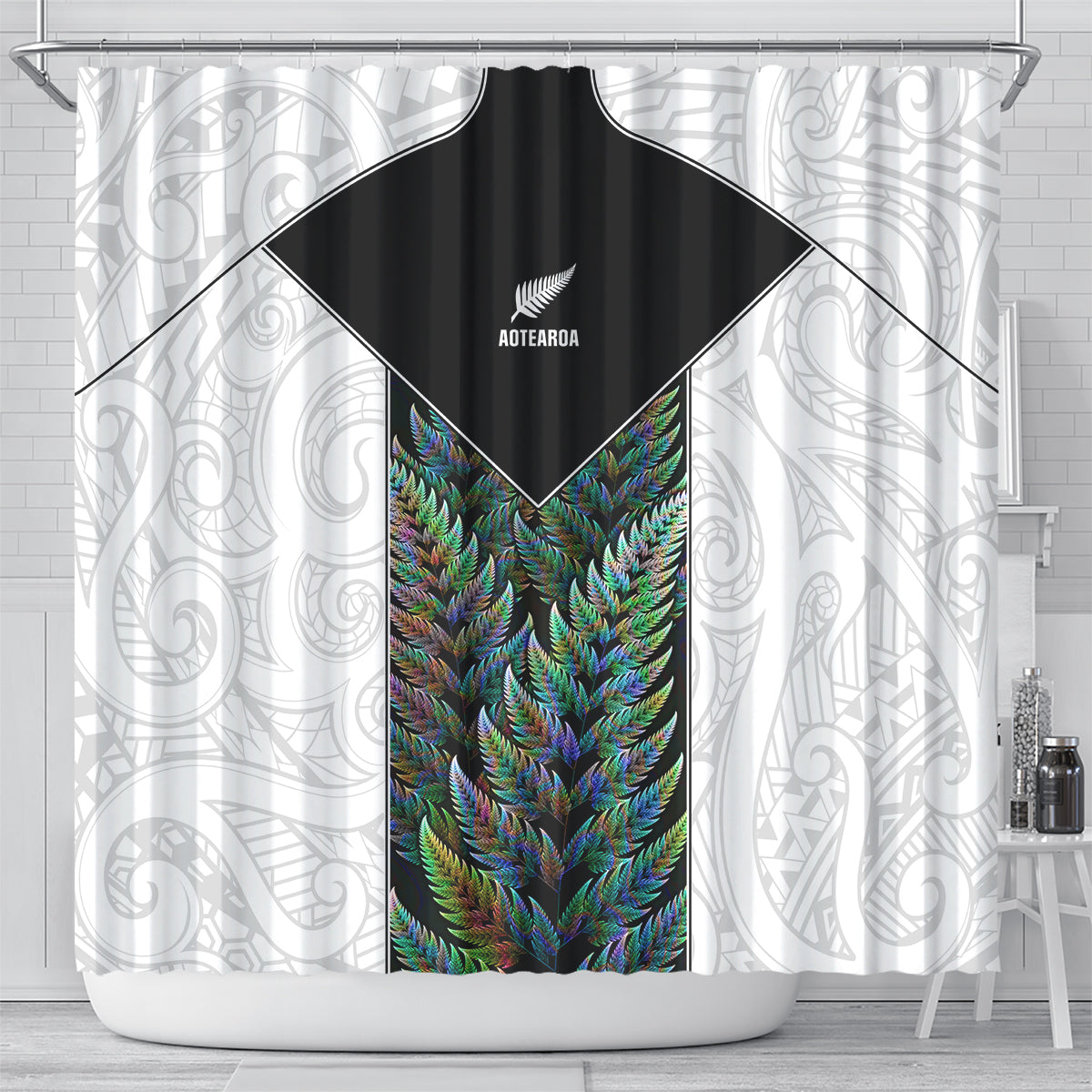 New Zealand Fern Rugby Shower Curtain World Cup 2023 Paua Shell Maori Pattern LT05 - Polynesian Pride