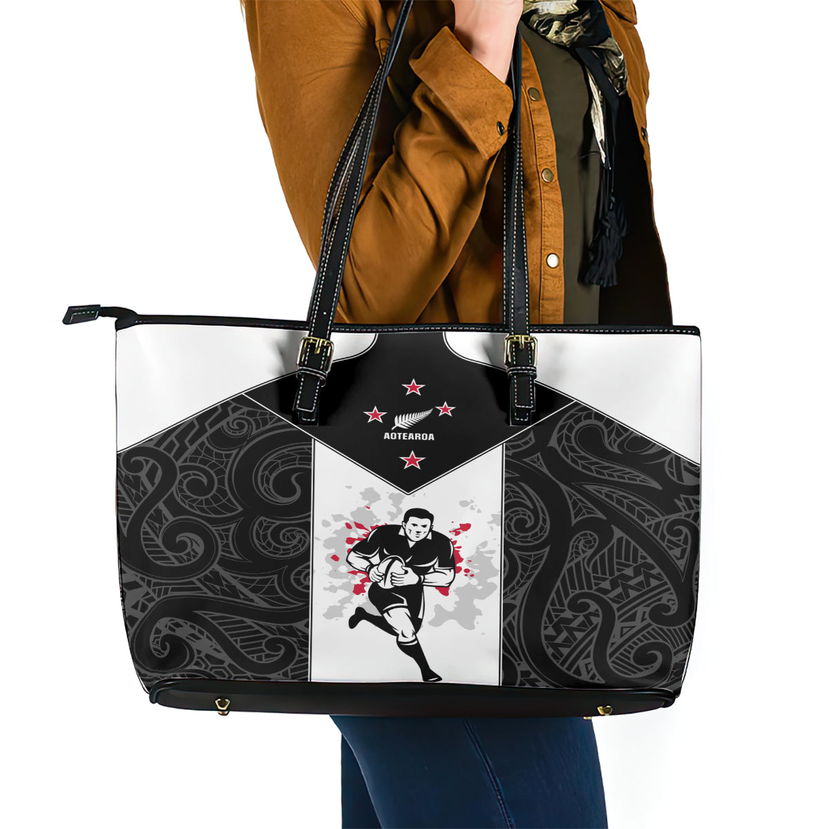 New Zealand Player Rugby Leather Tote Bag World Cup 2023 Maori Pattern LT05 - Polynesian Pride
