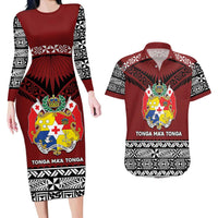 Personalised Tonga Constitution Day Couples Matching Long Sleeve Bodycon Dress and Hawaiian Shirt Tongan Kupesi Ngatu Pattern LT05 Red - Polynesian Pride
