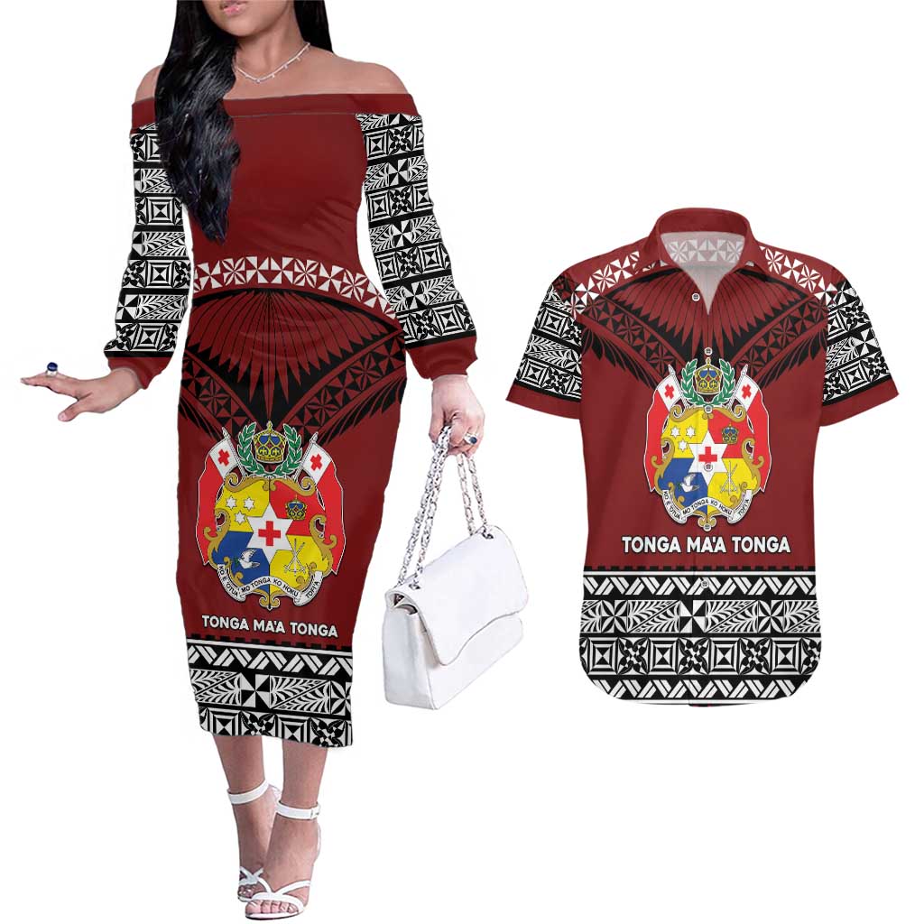 Personalised Tonga Constitution Day Couples Matching Off The Shoulder Long Sleeve Dress and Hawaiian Shirt Tongan Kupesi Ngatu Pattern LT05 Red - Polynesian Pride