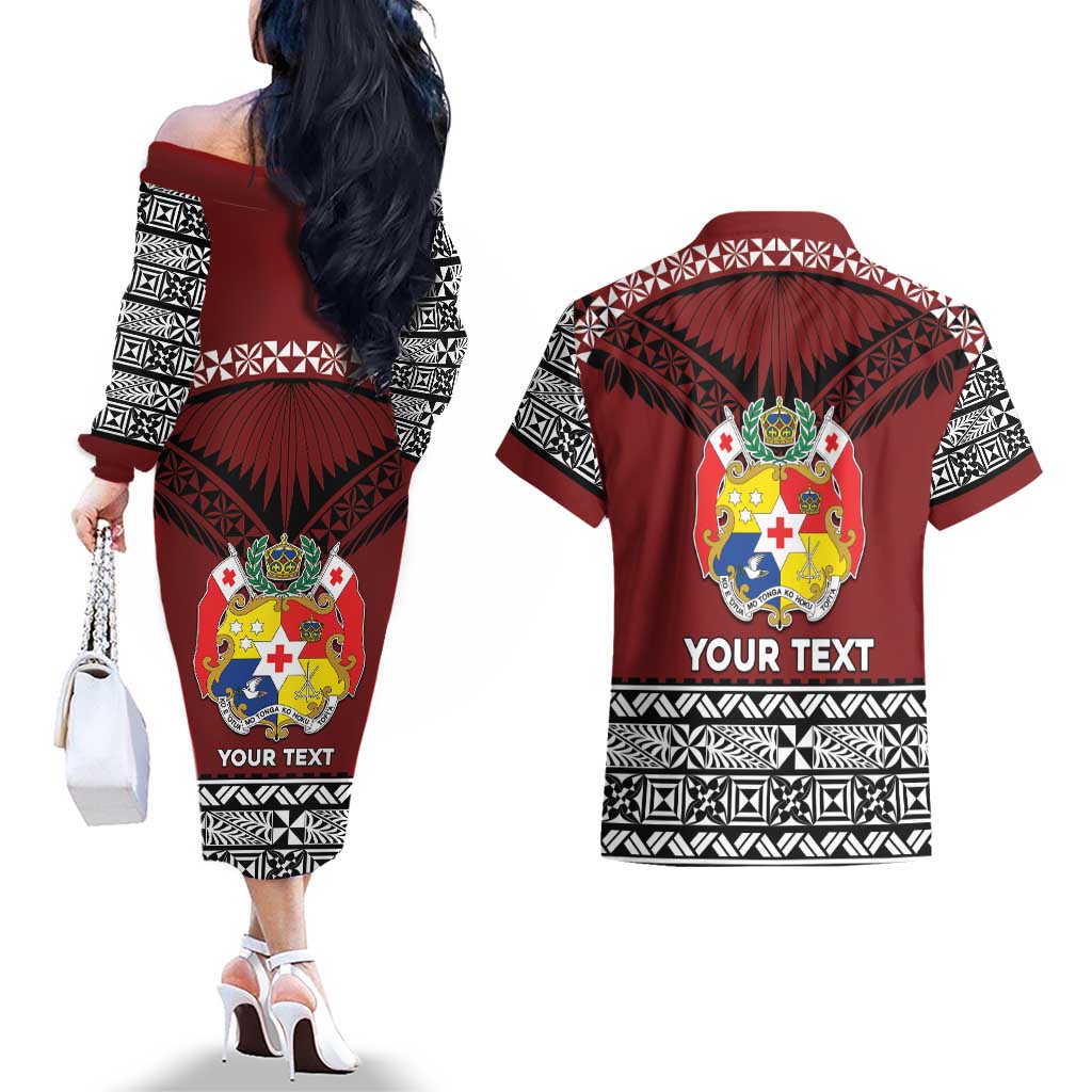 Personalised Tonga Constitution Day Couples Matching Off The Shoulder Long Sleeve Dress and Hawaiian Shirt Tongan Kupesi Ngatu Pattern LT05 - Polynesian Pride