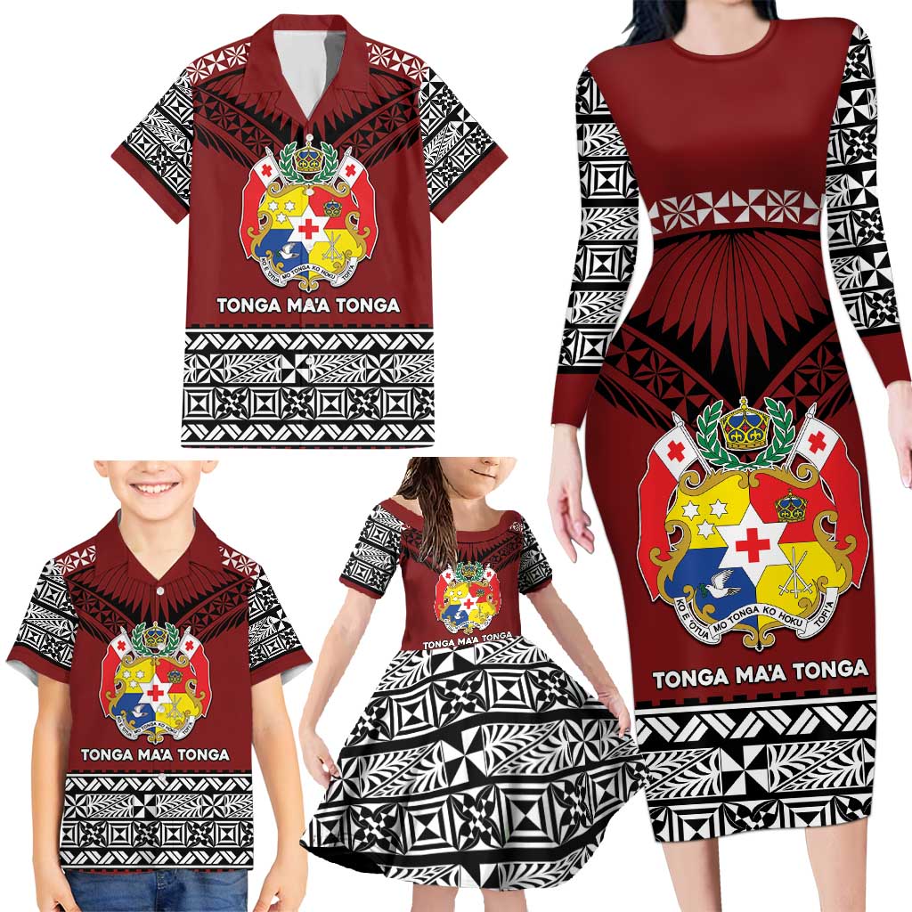 Personalised Tonga Constitution Day Family Matching Long Sleeve Bodycon Dress and Hawaiian Shirt Tongan Kupesi Ngatu Pattern LT05 - Polynesian Pride