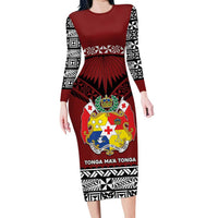 Personalised Tonga Constitution Day Family Matching Long Sleeve Bodycon Dress and Hawaiian Shirt Tongan Kupesi Ngatu Pattern LT05 Mom's Dress Red - Polynesian Pride
