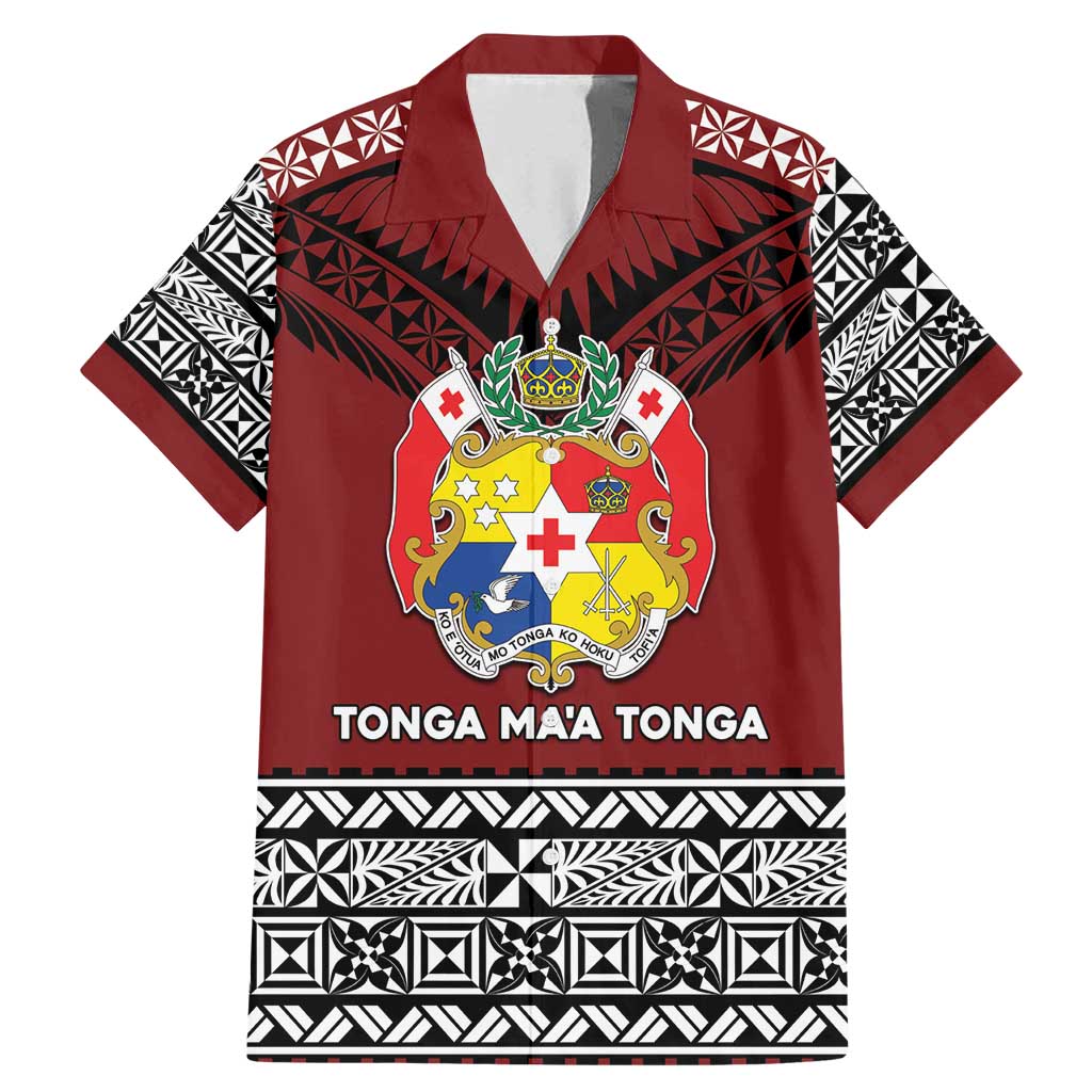 Personalised Tonga Constitution Day Family Matching Mermaid Dress and Hawaiian Shirt Tongan Kupesi Ngatu Pattern LT05 Dad's Shirt - Short Sleeve Red - Polynesian Pride