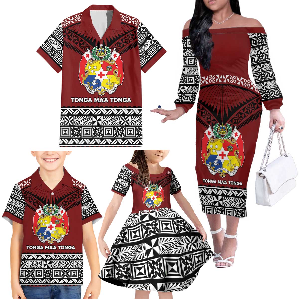 Personalised Tonga Constitution Day Family Matching Off The Shoulder Long Sleeve Dress and Hawaiian Shirt Tongan Kupesi Ngatu Pattern LT05 - Polynesian Pride
