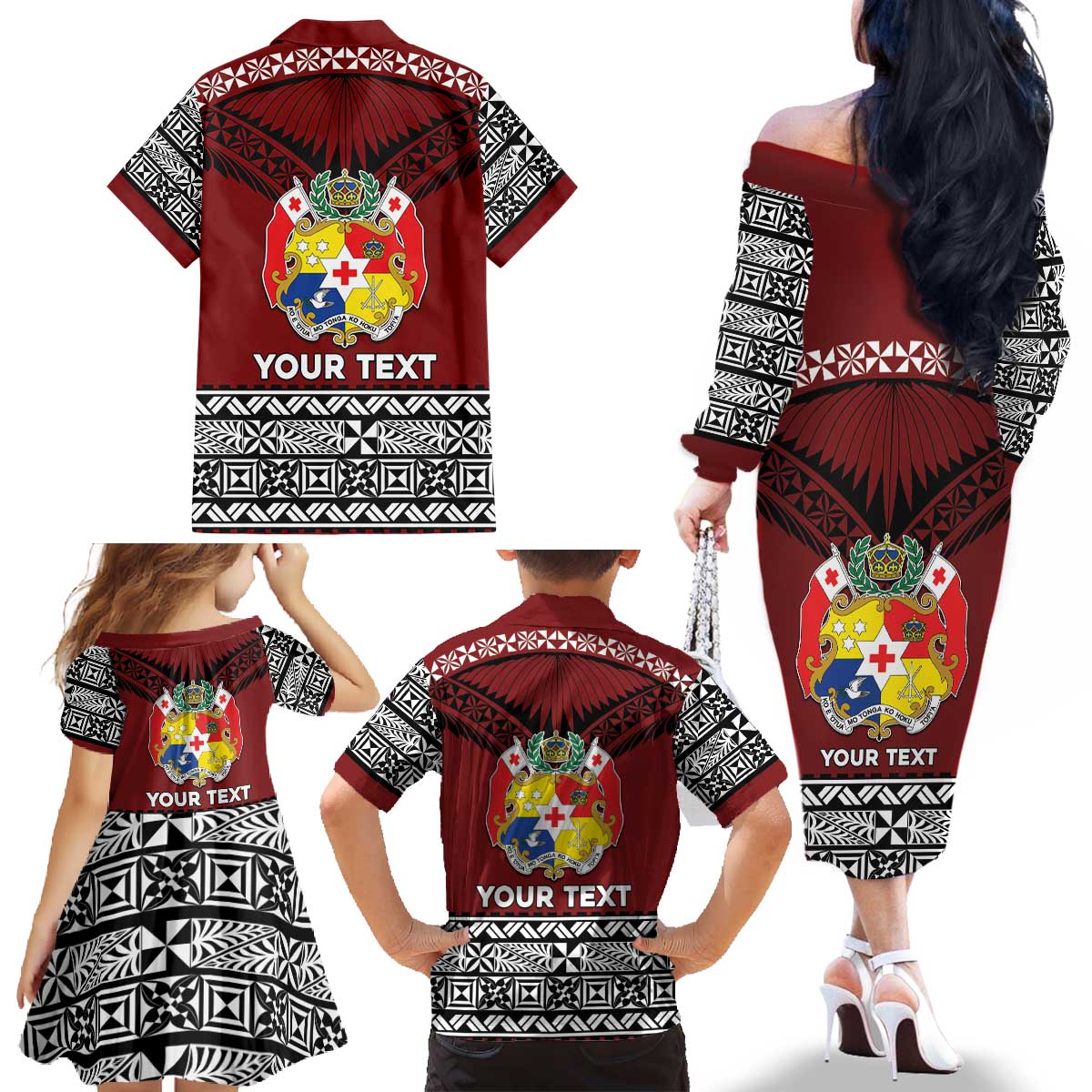 Personalised Tonga Constitution Day Family Matching Off The Shoulder Long Sleeve Dress and Hawaiian Shirt Tongan Kupesi Ngatu Pattern LT05 - Polynesian Pride