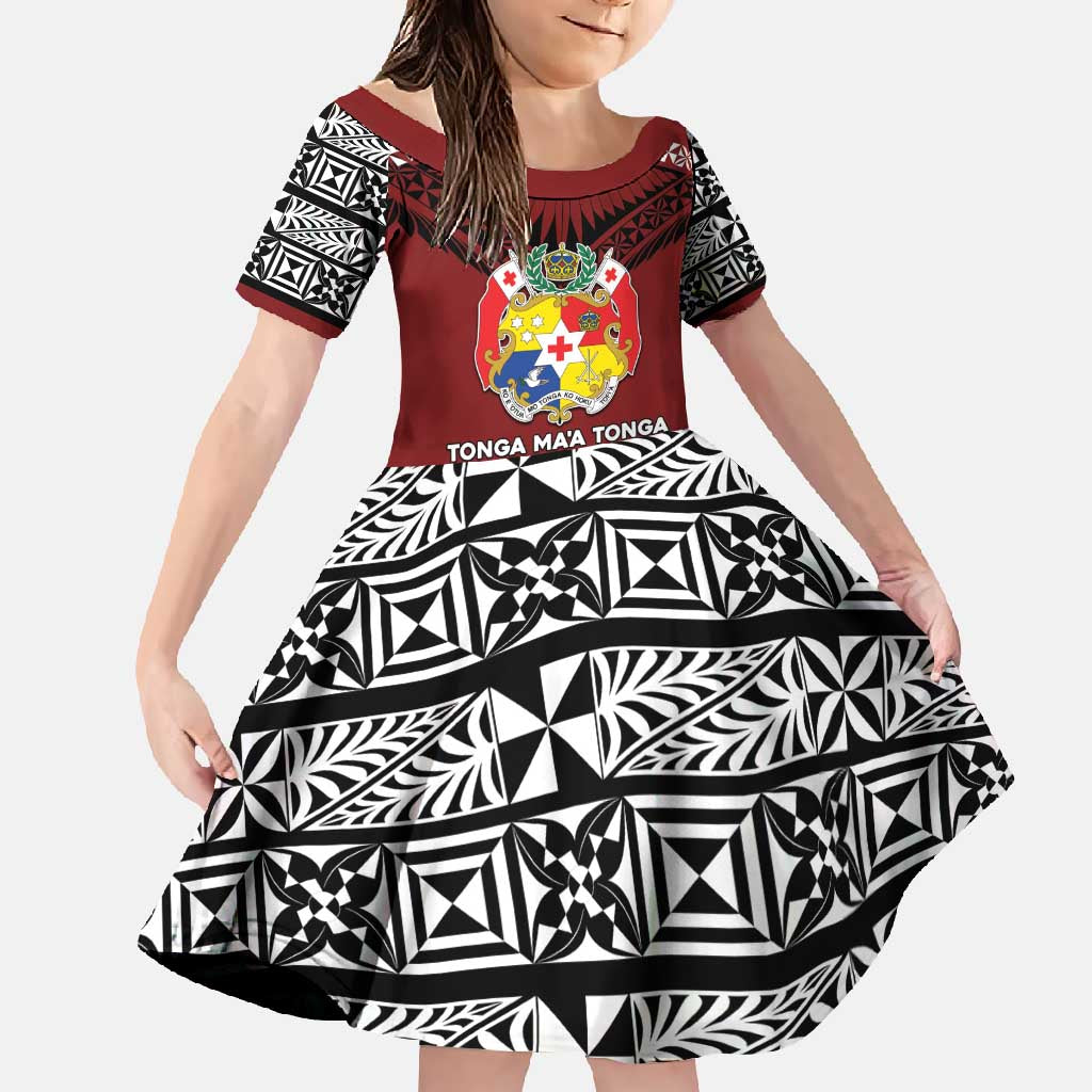 Personalised Tonga Constitution Day Family Matching Off Shoulder Maxi Dress and Hawaiian Shirt Tongan Kupesi Ngatu Pattern LT05 Daughter's Dress Red - Polynesian Pride