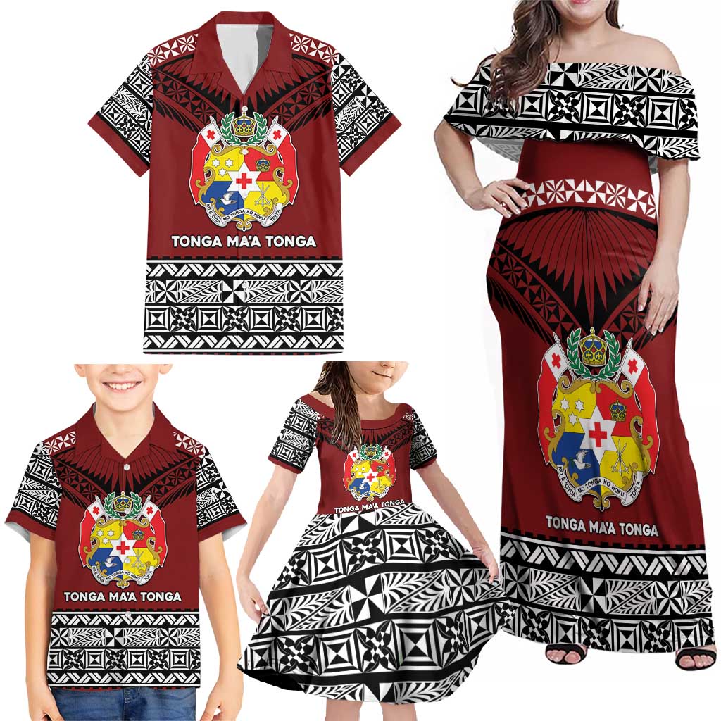 Personalised Tonga Constitution Day Family Matching Off Shoulder Maxi Dress and Hawaiian Shirt Tongan Kupesi Ngatu Pattern LT05 - Polynesian Pride