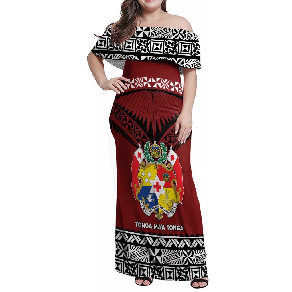 Personalised Tonga Constitution Day Family Matching Off Shoulder Maxi Dress and Hawaiian Shirt Tongan Kupesi Ngatu Pattern LT05 Mom's Dress Red - Polynesian Pride