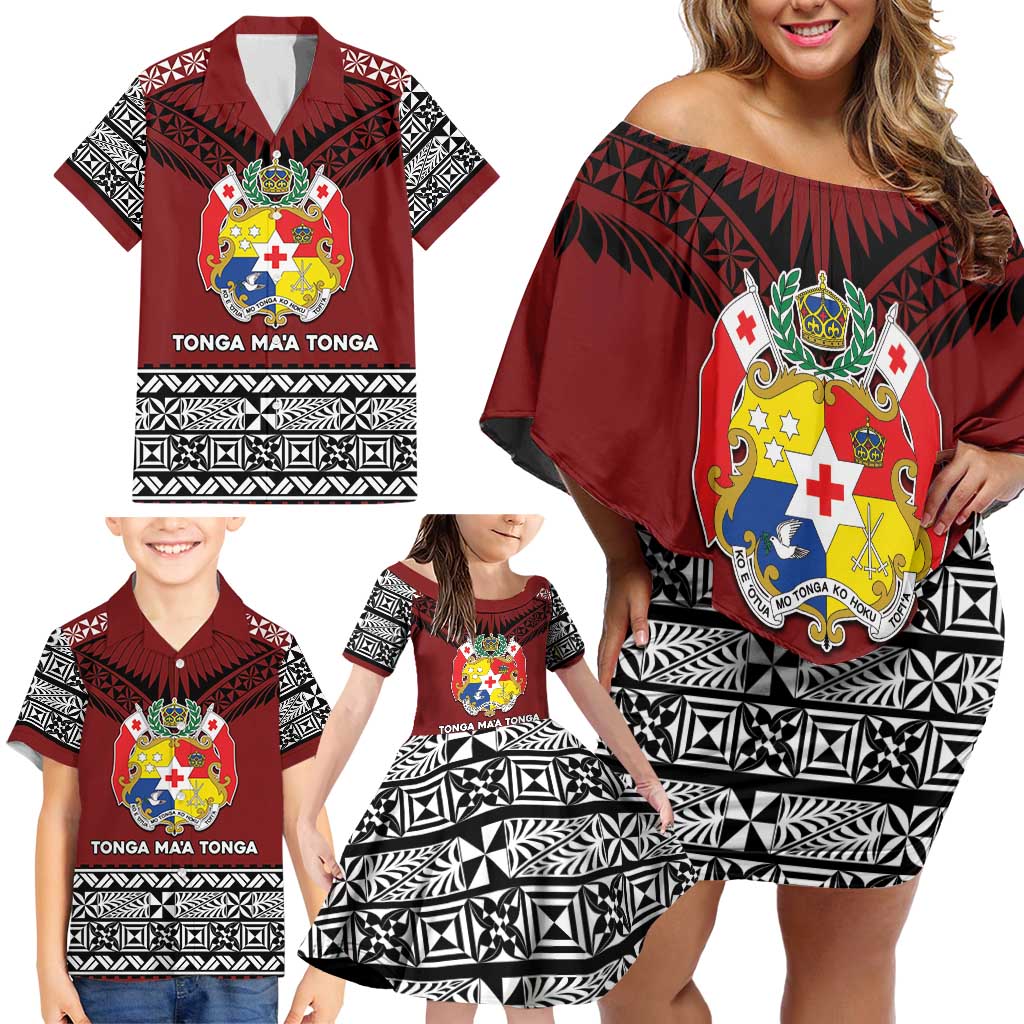 Personalised Tonga Constitution Day Family Matching Off Shoulder Short Dress and Hawaiian Shirt Tongan Kupesi Ngatu Pattern LT05 - Polynesian Pride