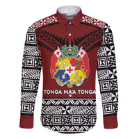 Personalised Tonga Constitution Day Family Matching Off Shoulder Short Dress and Hawaiian Shirt Tongan Kupesi Ngatu Pattern LT05 Dad's Shirt - Long Sleeve Red - Polynesian Pride
