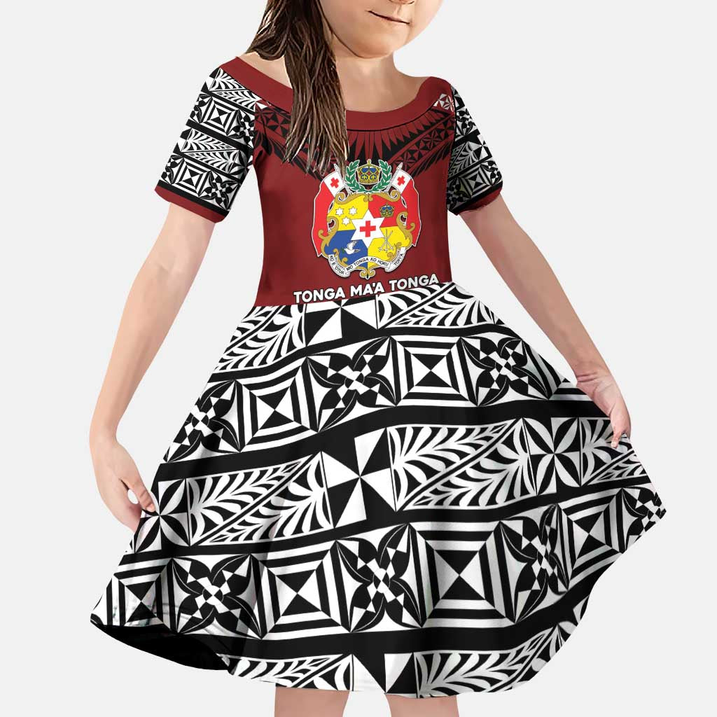 Personalised Tonga Constitution Day Family Matching Puletasi and Hawaiian Shirt Tongan Kupesi Ngatu Pattern LT05 Daughter's Dress Red - Polynesian Pride