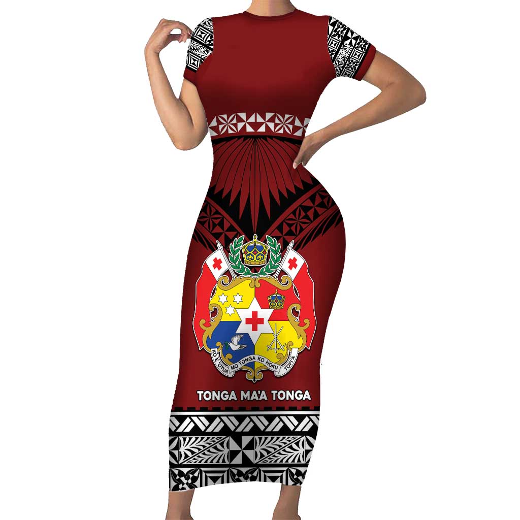 Personalised Tonga Constitution Day Family Matching Short Sleeve Bodycon Dress and Hawaiian Shirt Tongan Kupesi Ngatu Pattern LT05 Mom's Dress Red - Polynesian Pride