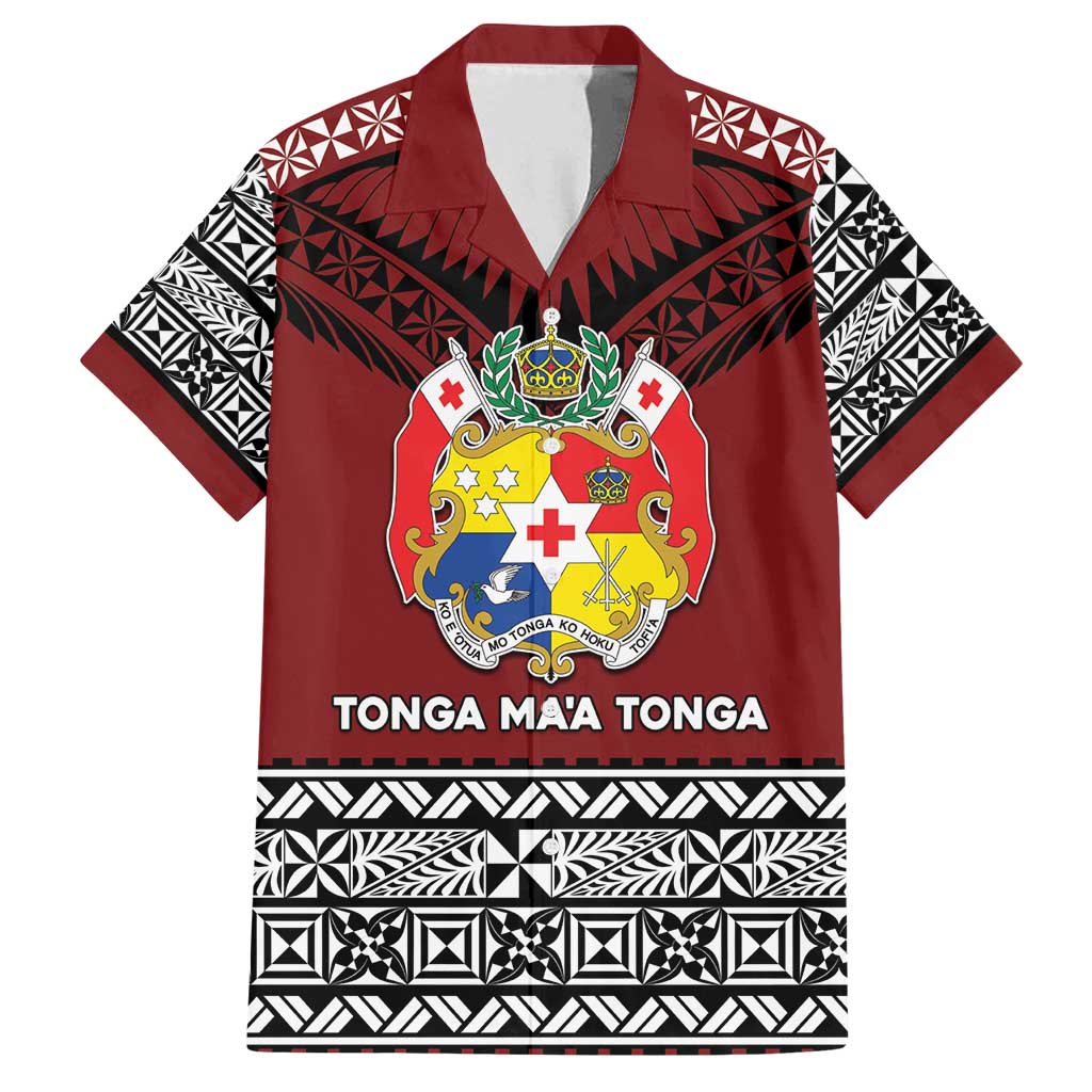 Personalised Tonga Constitution Day Family Matching Tank Maxi Dress and Hawaiian Shirt Tongan Kupesi Ngatu Pattern LT05 Dad's Shirt - Short Sleeve Red - Polynesian Pride