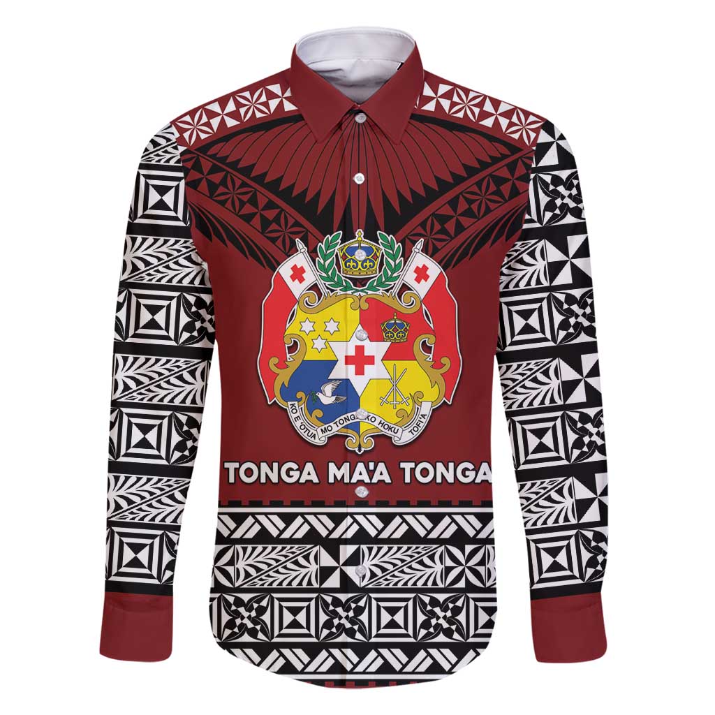 Personalised Tonga Constitution Day Family Matching Tank Maxi Dress and Hawaiian Shirt Tongan Kupesi Ngatu Pattern LT05 Dad's Shirt - Long Sleeve Red - Polynesian Pride