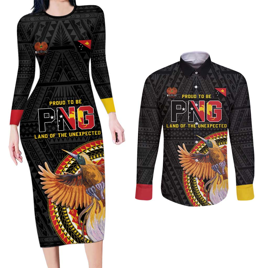 Papua New Guinea Tok Pisin Wik Couples Matching Long Sleeve Bodycon Dress and Long Sleeve Button Shirt Land Of The Unexpected LT05 Black - Polynesian Pride