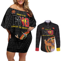 Papua New Guinea Tok Pisin Wik Couples Matching Off Shoulder Short Dress and Long Sleeve Button Shirt Land Of The Unexpected LT05 Black - Polynesian Pride