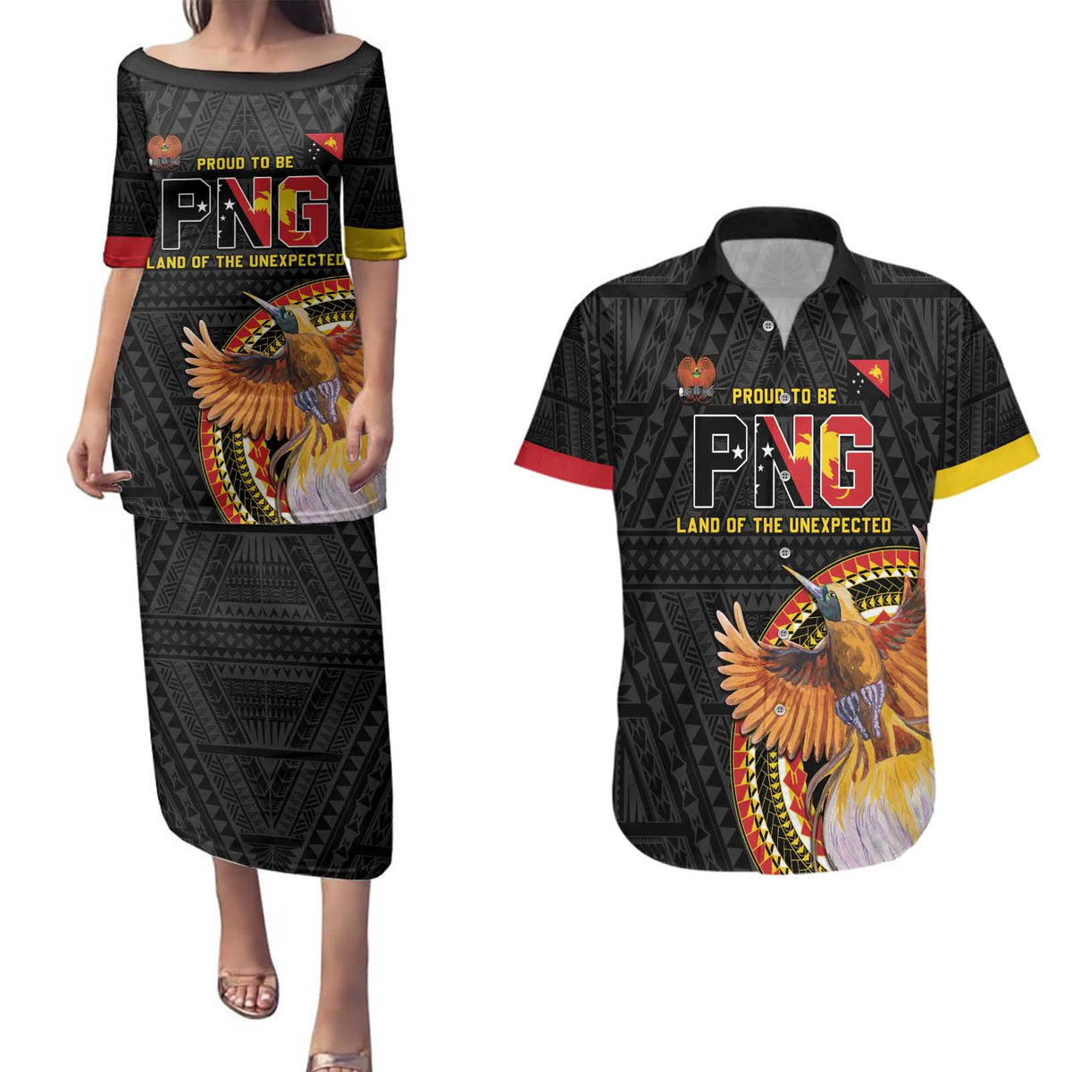 Papua New Guinea Tok Pisin Wik Couples Matching Puletasi and Hawaiian Shirt Land Of The Unexpected LT05 Black - Polynesian Pride
