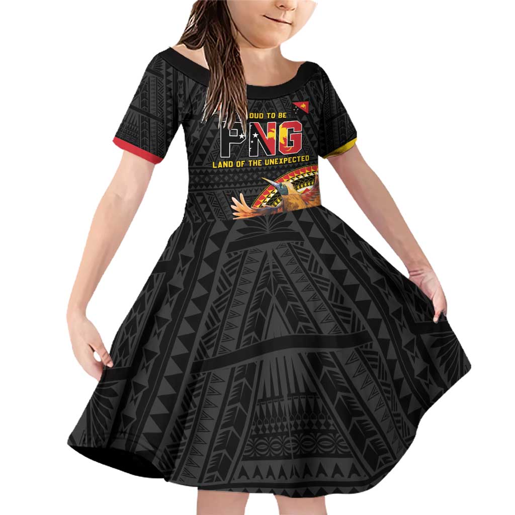 Papua New Guinea Tok Pisin Wik Family Matching Off Shoulder Short Dress and Hawaiian Shirt Land Of The Unexpected LT05 Daughter's Dress Black - Polynesian Pride
