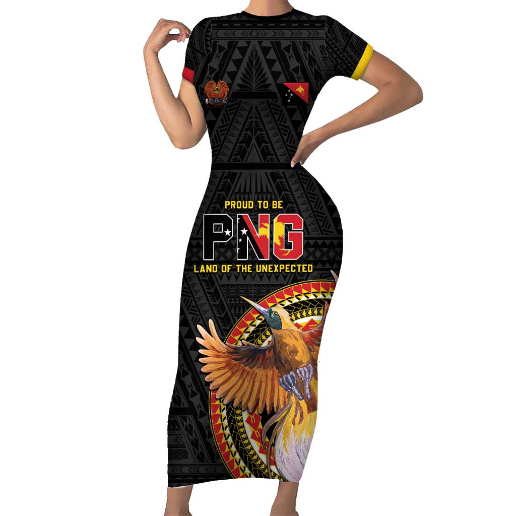 Papua New Guinea Tok Pisin Wik Short Sleeve Bodycon Dress Land Of The Unexpected LT05 Long Dress Black - Polynesian Pride